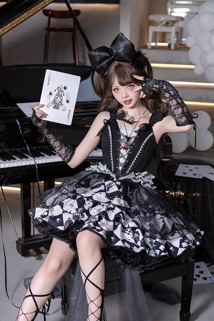 Black/White Board Games Triple-Layered Print Ruffle Vintage Lolita Skirt
