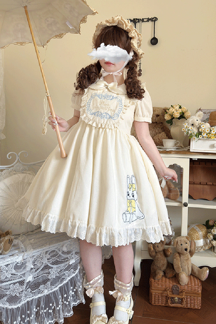 Apricot Sweet Dream Bunny Doll Collar Short Sleeves Ruffle Embroidery Bowknot Sweet Plus Size Lolita Dress