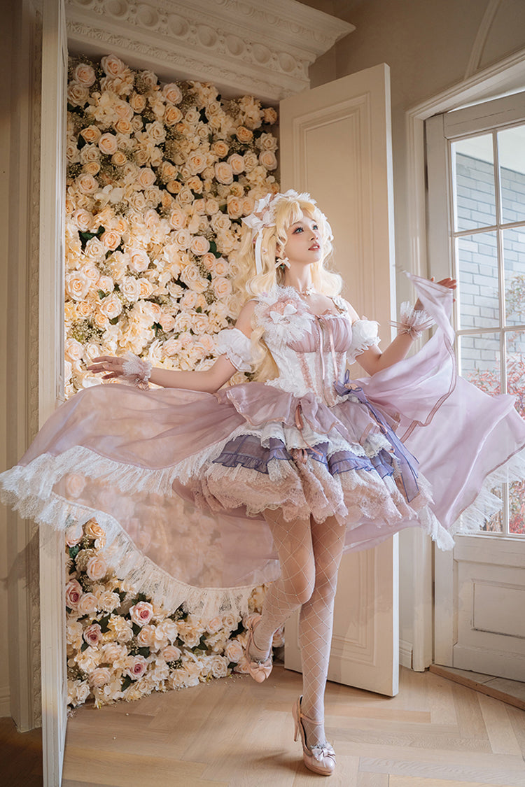Pink/Purple Rose Memoirs Sleeveless Multi-Layered Bowknot Lace Sweet Lolita Skirt Set