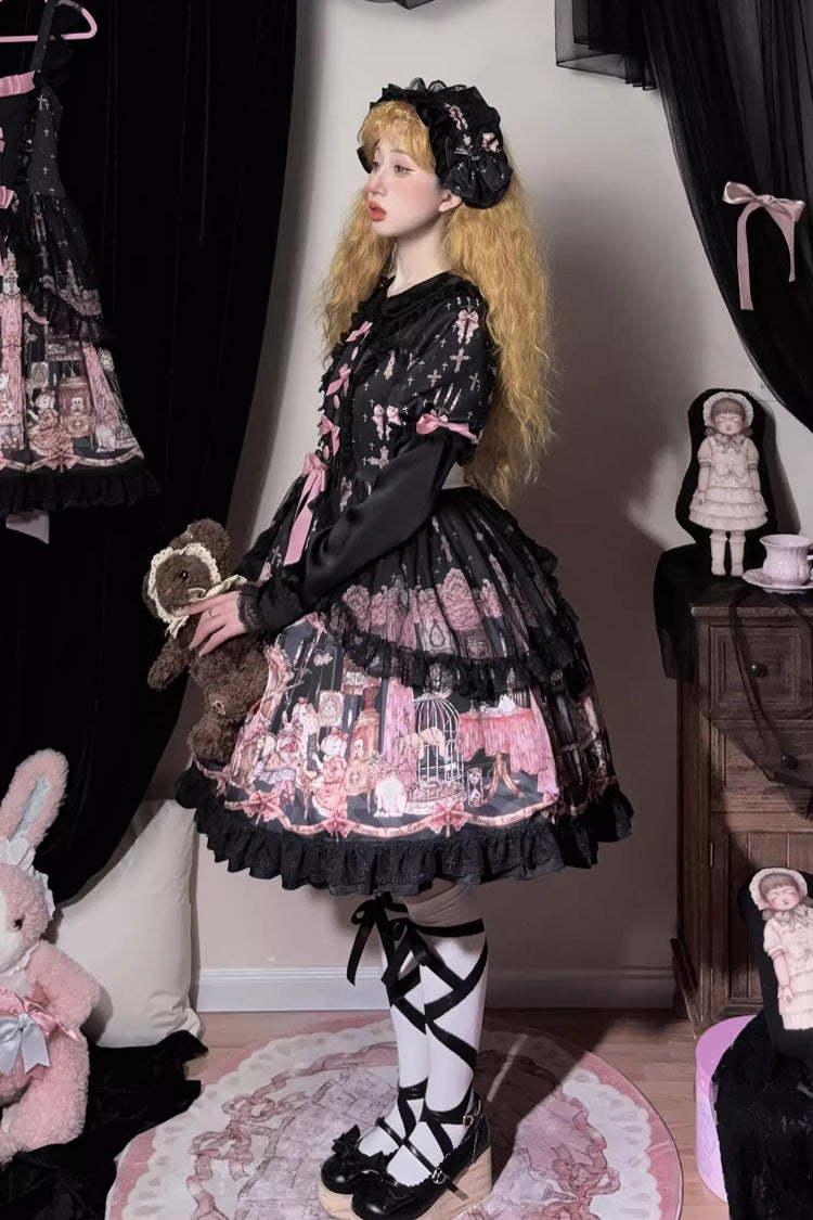 Black The Case of the Missing Lamb Print Long Sleeves Ruffle Bowknot Lace Gothic Lolita Dress