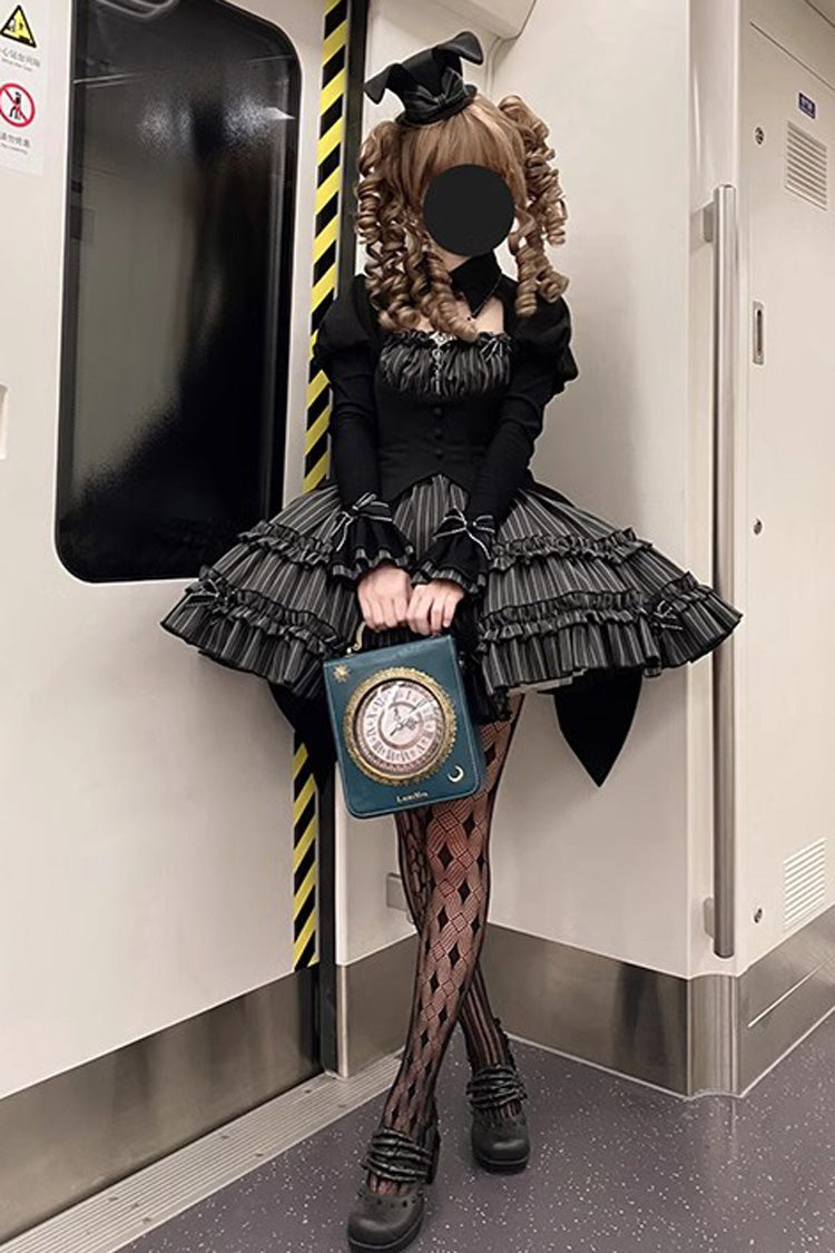 Black Duke of the Trap Rabbit Long Sleeves Stripe Print Ruffle Bowknot Lace Gothic Lolita Dress