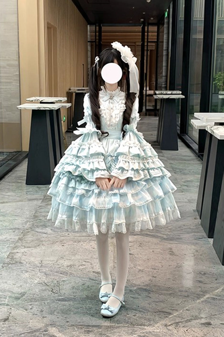 Blue The Soloist Doll Long Hime Sleeves Multi-Layered Print Ruffle Bowknot Asymmetric Sweet Lolita Dress