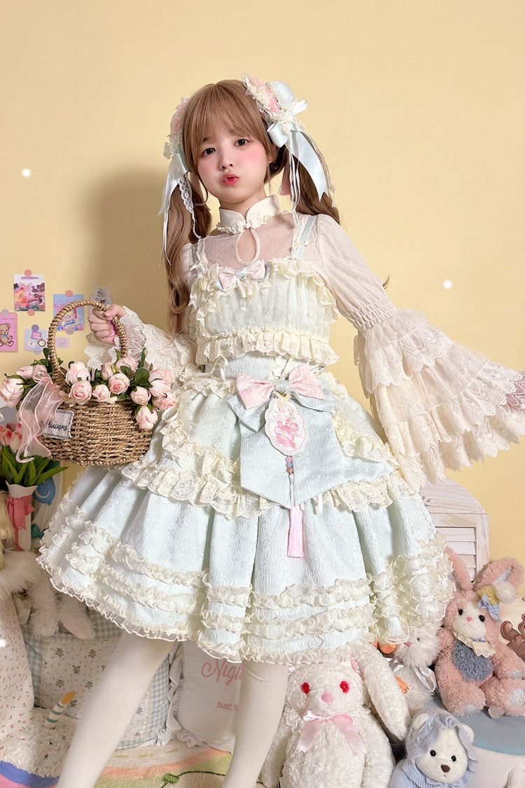 Good Night, Peach Sleeveless Multi-Layered Ruffled Bow Lace Sweet Chinese Style Lolita Jsk Dress 3 Colors