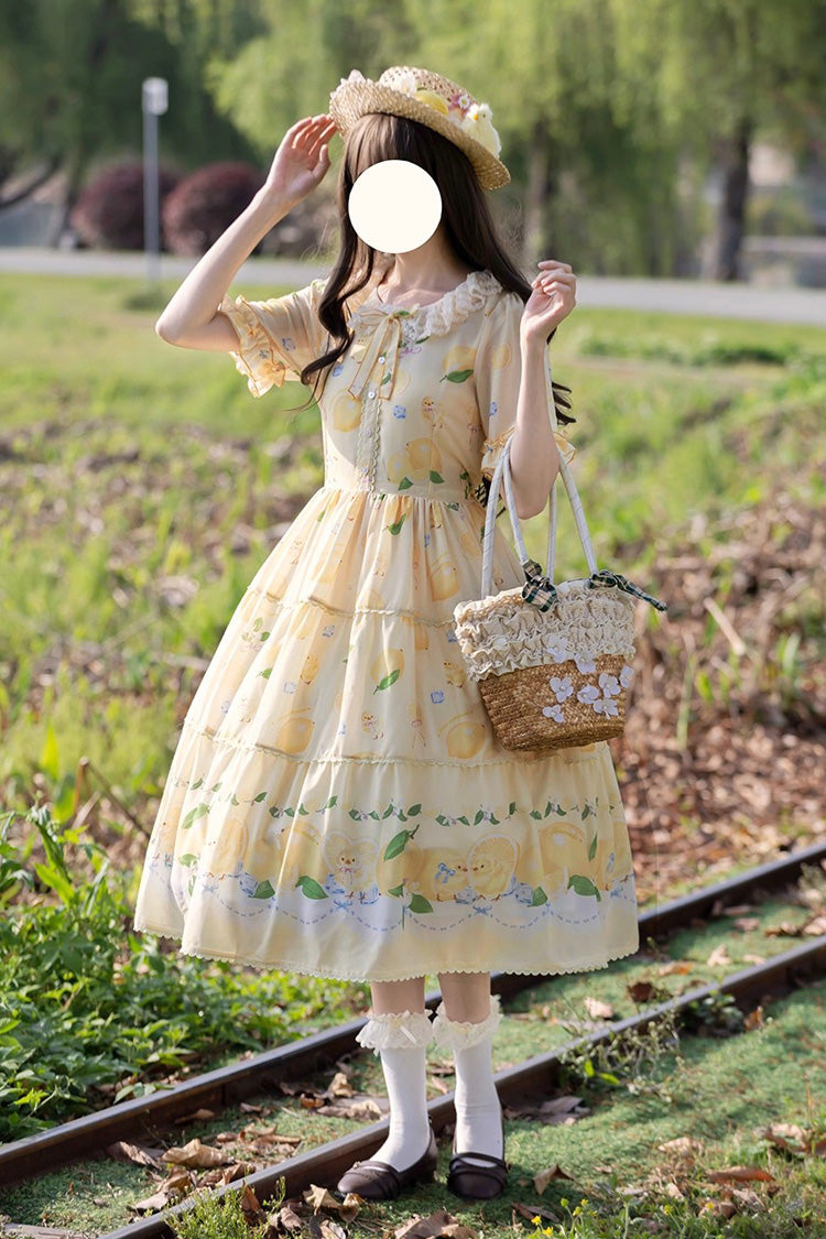 Yellow Lemon Chicken Short Sleeves Print Ruffle Bowknot Lace Daily Sweet Lolita Dress
