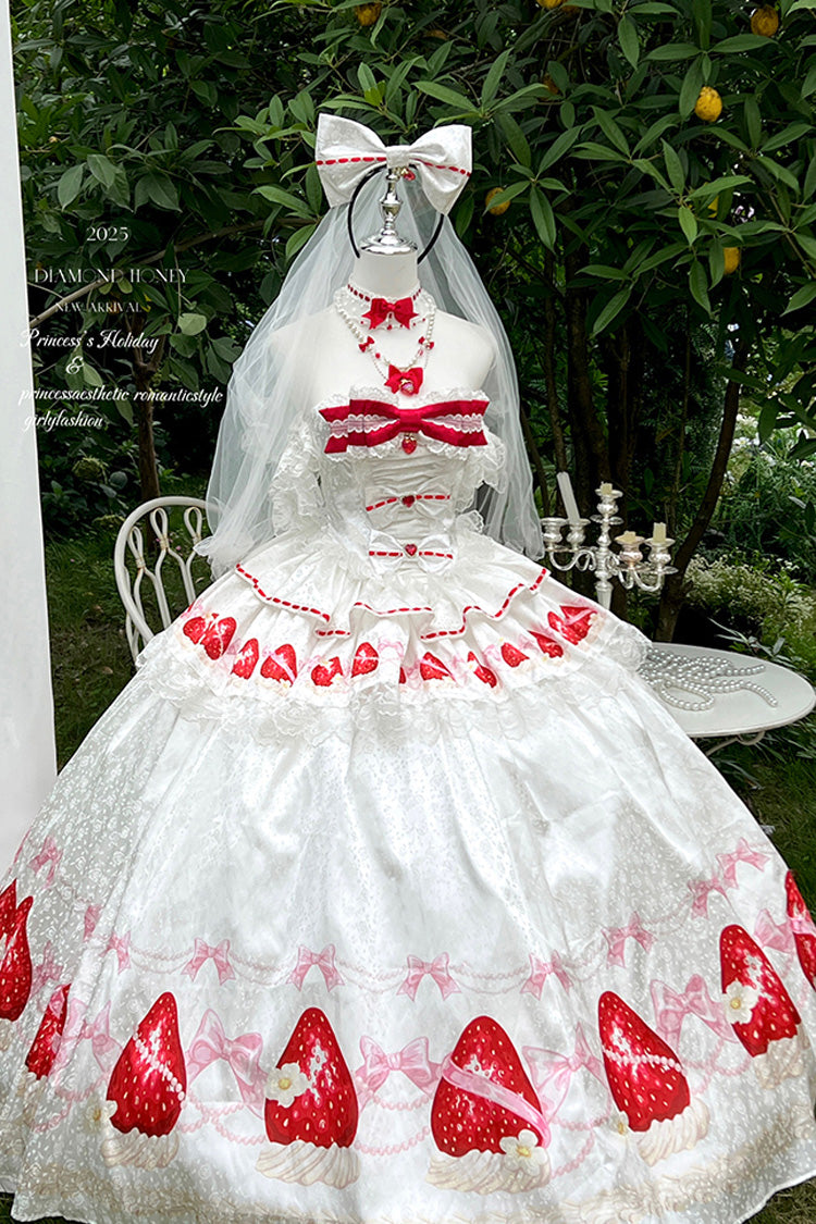 White True Love Strawberry Print Off Shoulder Sleeveless Ruffle Bowknot Lace Sweet Princess Lolita Dress Set
