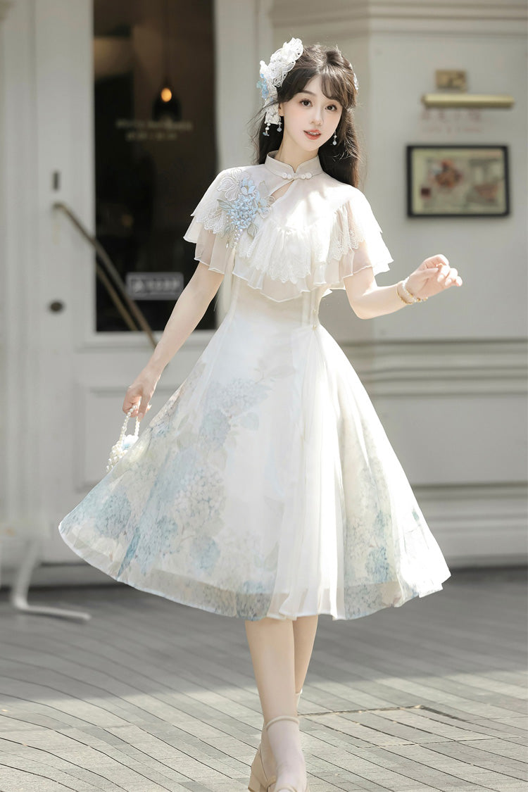 White Hydrangea Message Short Sleeves Print Ruffle Lace Sweet Chinese Style Elegant Lolita Short Dress