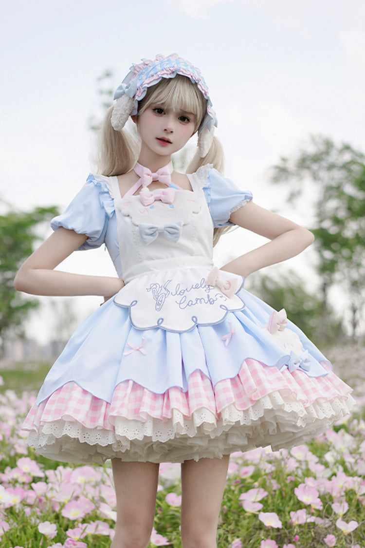 Blue/Pink Lamb Story Short Puff Sleeves Double-Layered Plaid Print Ruffle Bowknot Sweet Lolita Jsk Dress Set