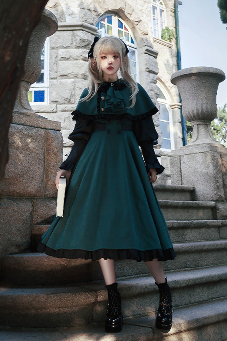 Green Potions School Long Sleeves Ruffle Bowknot Sweet Elegant Lolita Dress Two-piece Set