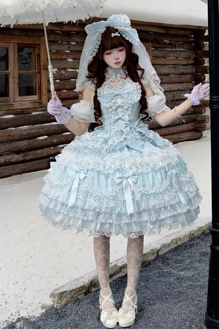 Blue Dream of the Misty Moon Sleeveless Multi-Layered Ruffled Bow Lace Pearl-Decorated Sweet Princess Lolita Jsk Dress