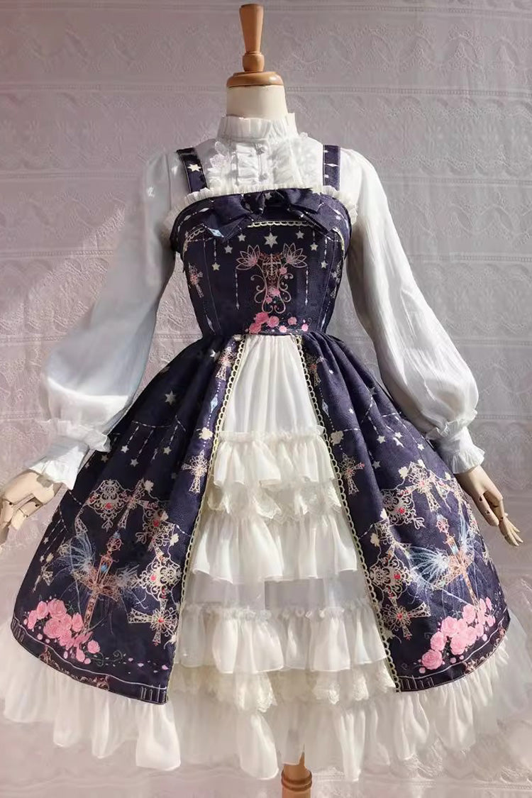 Peacock Cross Print Ruffle Cardigan Bowknot Sweet Lolita Jsk Dress 4 Colors