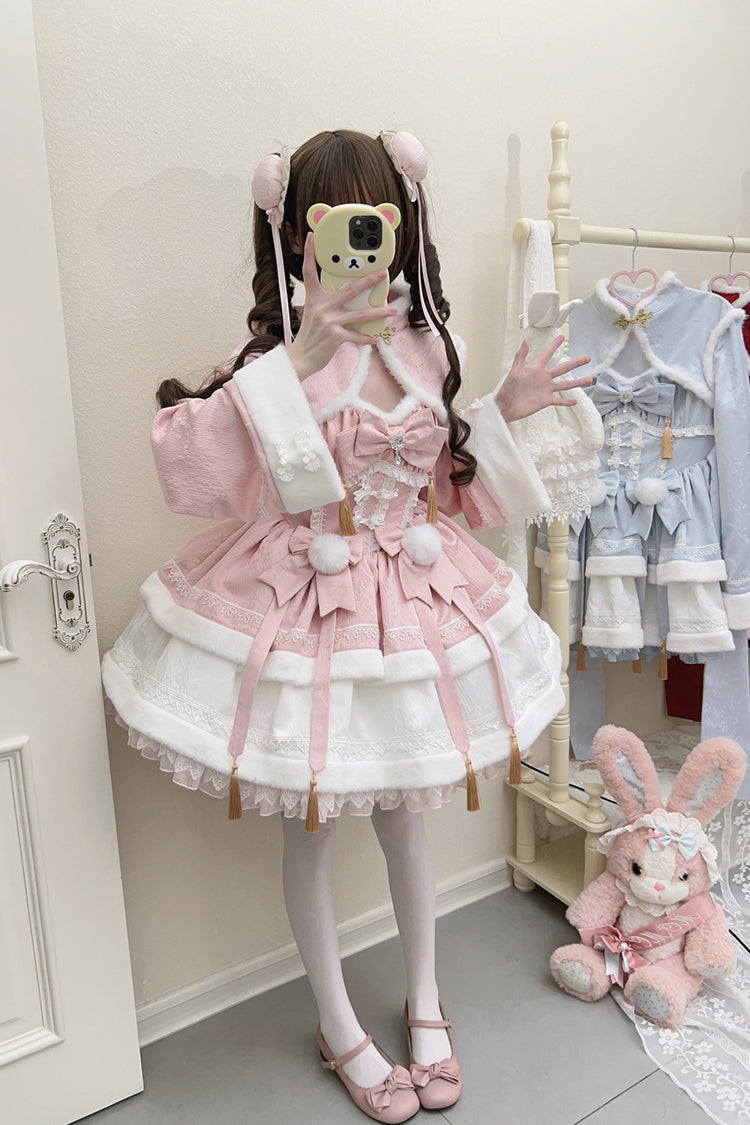 Pink Snow Rabbit Long Sleeves Ruffle Bowknot Fake Two Pieces Sweet Lolita Dress