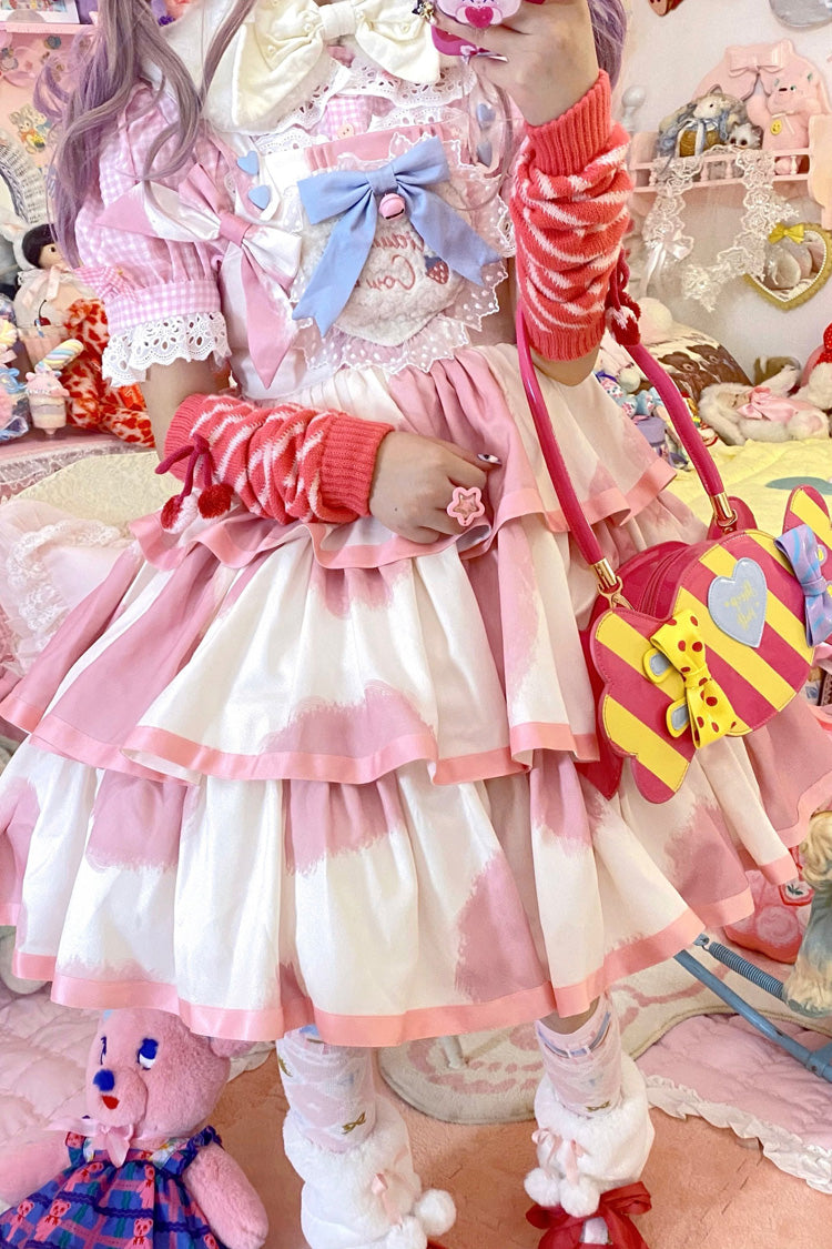 Pink Sleeveless Triple-Layered Cow Print Ruffle Bowknot Sweet Lolita Jsk Dress