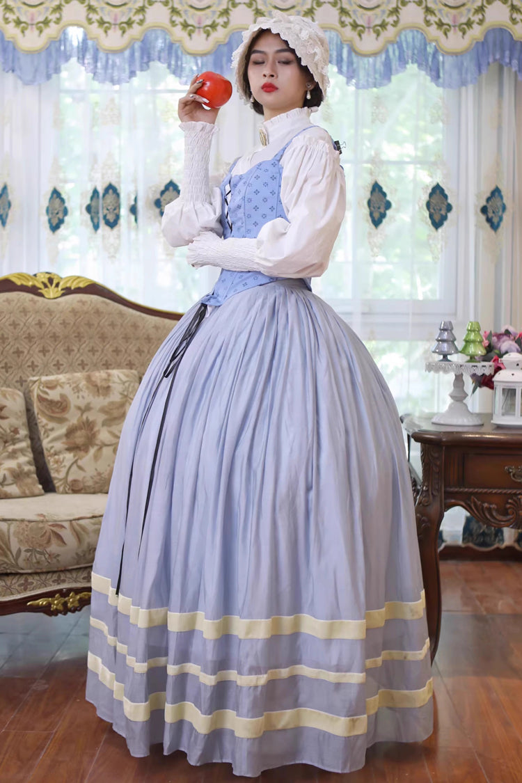 Light Blue Bashu Girl Long Puff Sleeves Print Lace-Up Fishbone Corset Sweet Lolita Skirt Dress Three-Piece Set