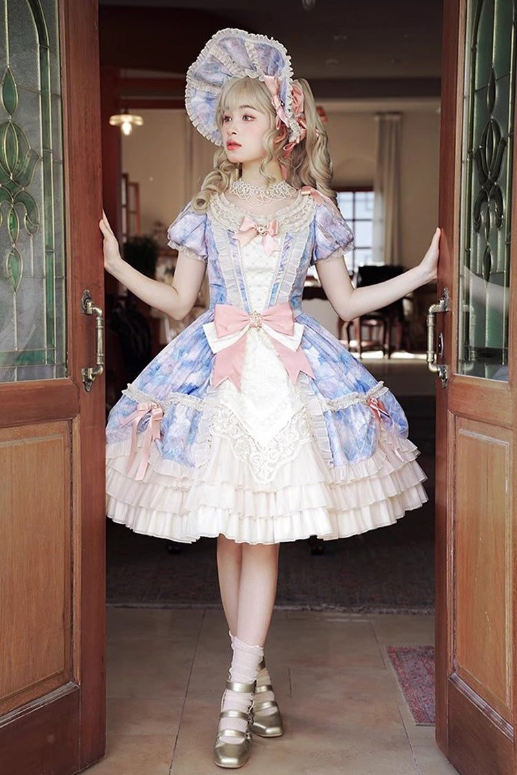 Angel Heart Sky Oil Painting Print Ruffle Cardigan Bowknot Sweet Princess Lolita Dress 3 Colors