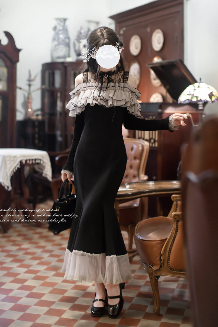 Black Night Cherry Blossoms Long Sleeves Ruffle Bowknot Daily Sweet Elegant Lolita Fishtail Dress