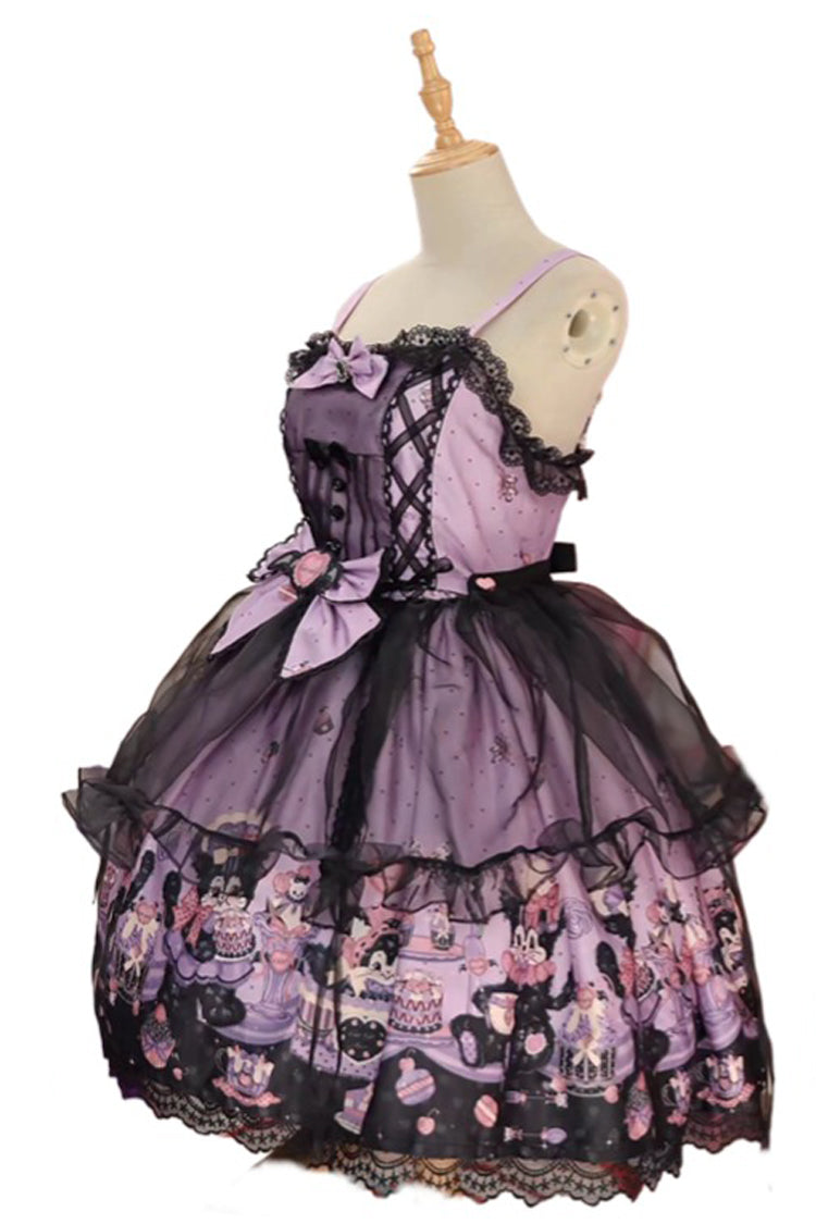 Purple Devil Cat Print Ruffle Bowknot Lace Gothic Lolita Jsk Dress (Plus Size Support)