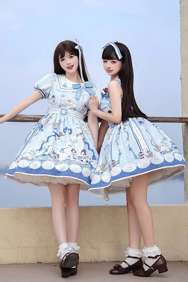 Blue Penguin Navy Print Ruffle Bowknot Sweet Princess Lolita Jsk Dress