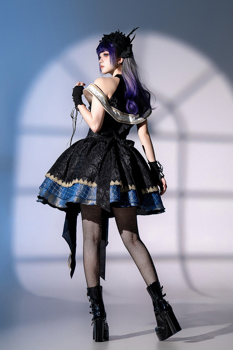 Black/Blue Universe Off Shoulder Halterneck Sleeveless Print Embroidery Cardigan Gothic Princess Lolita Dress