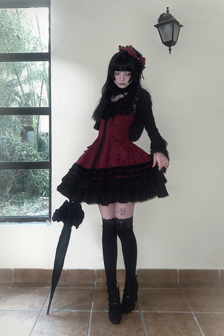 Escape Double-Layered Jacquard Striped Printed Ruffled Slim Gothic Lolita Jumper Dress 3 Colors