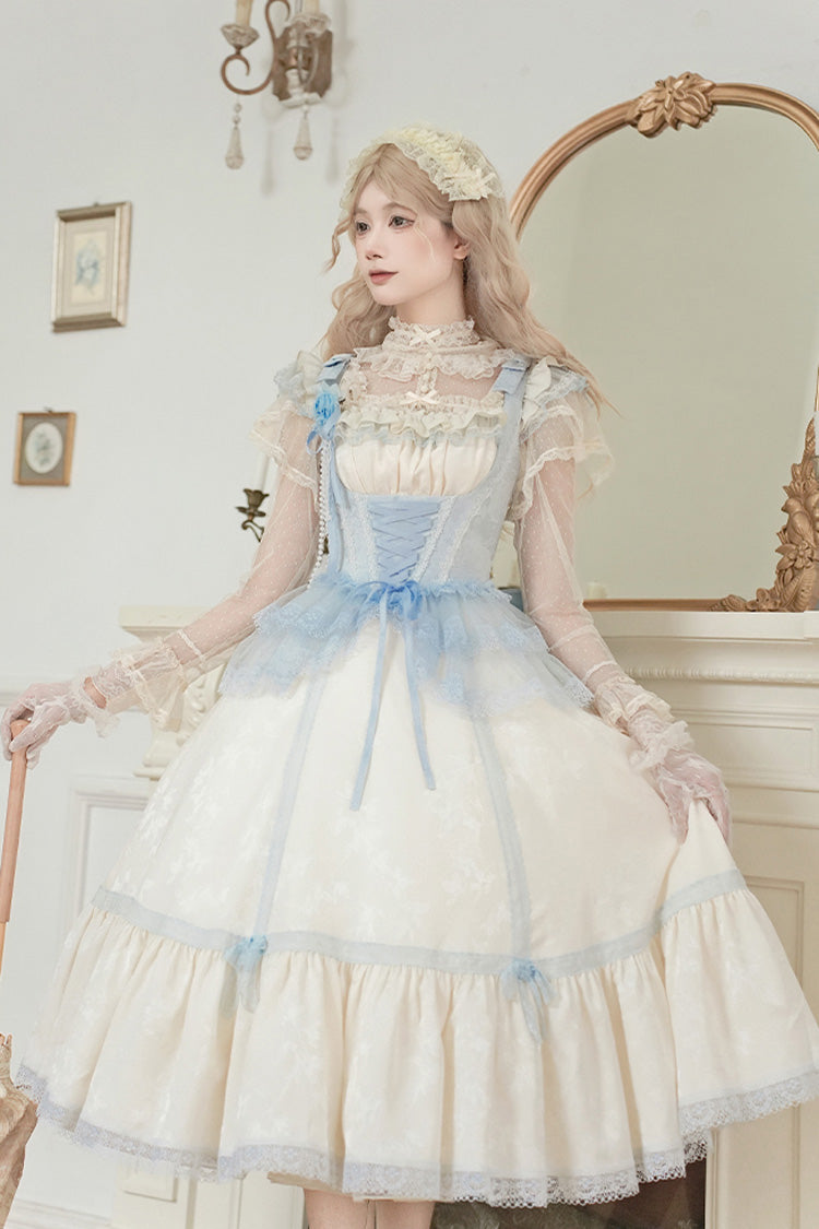 Ivory Sea Salt Iced Tea Square Collar Flying Sleeves Ruffle Fishbone Sweet Lolita Jsk Long Dress