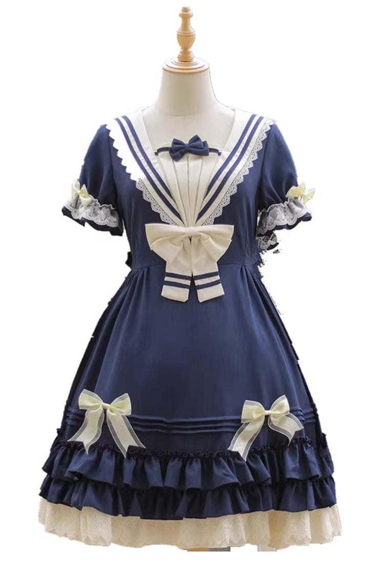 Rhine River Navy Style Short Sleeves Bowknot Sweet Lolita Dress 4 Colors