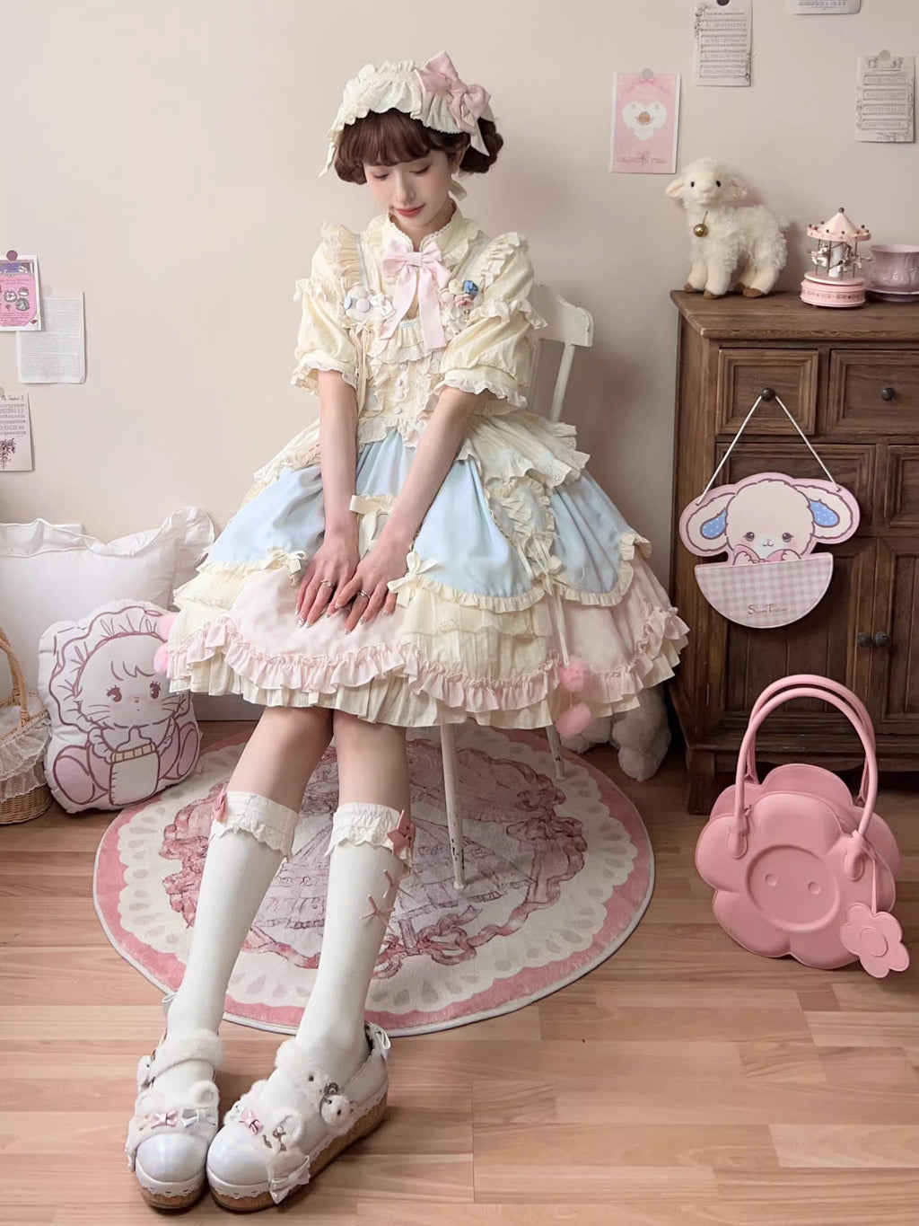 Multi-Color Mianmian Macaron Sleeveless Multi-Layered Ruffle Bowknot Lace Sweet Lolita Jsk Dress (Short Version)