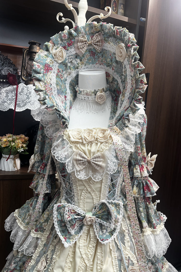 Green/Ivory Print Ruffle Bowknot Lace Classic Vintage Princess Lolita Dress