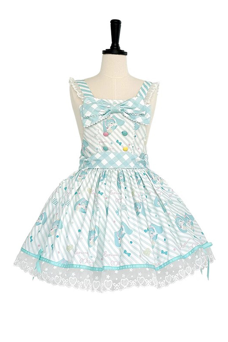 Blue Miku Sleeveless Print Bowknot Lace Sweet Lolita Strap Jumper Dress