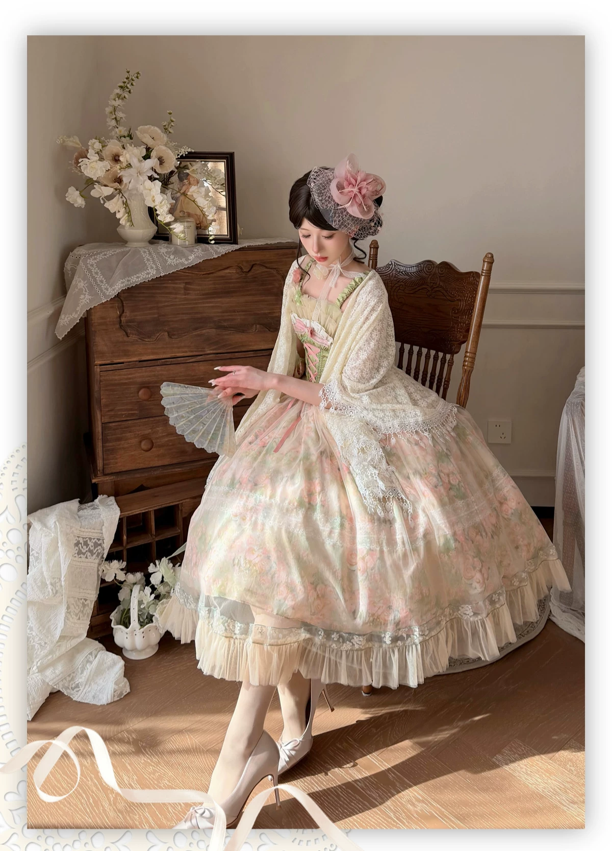 Green Floral Sleeveless Corset Ruffled Mesh Sweet Princess Vintage Lolita Jsk Dress