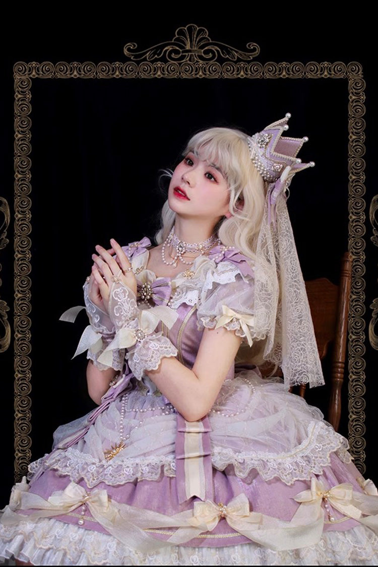 Purple Girls' Day Short Sleeves Multi-Layered Ruffle Bowknot Lace Sweet Lolita Dress 2 Versions