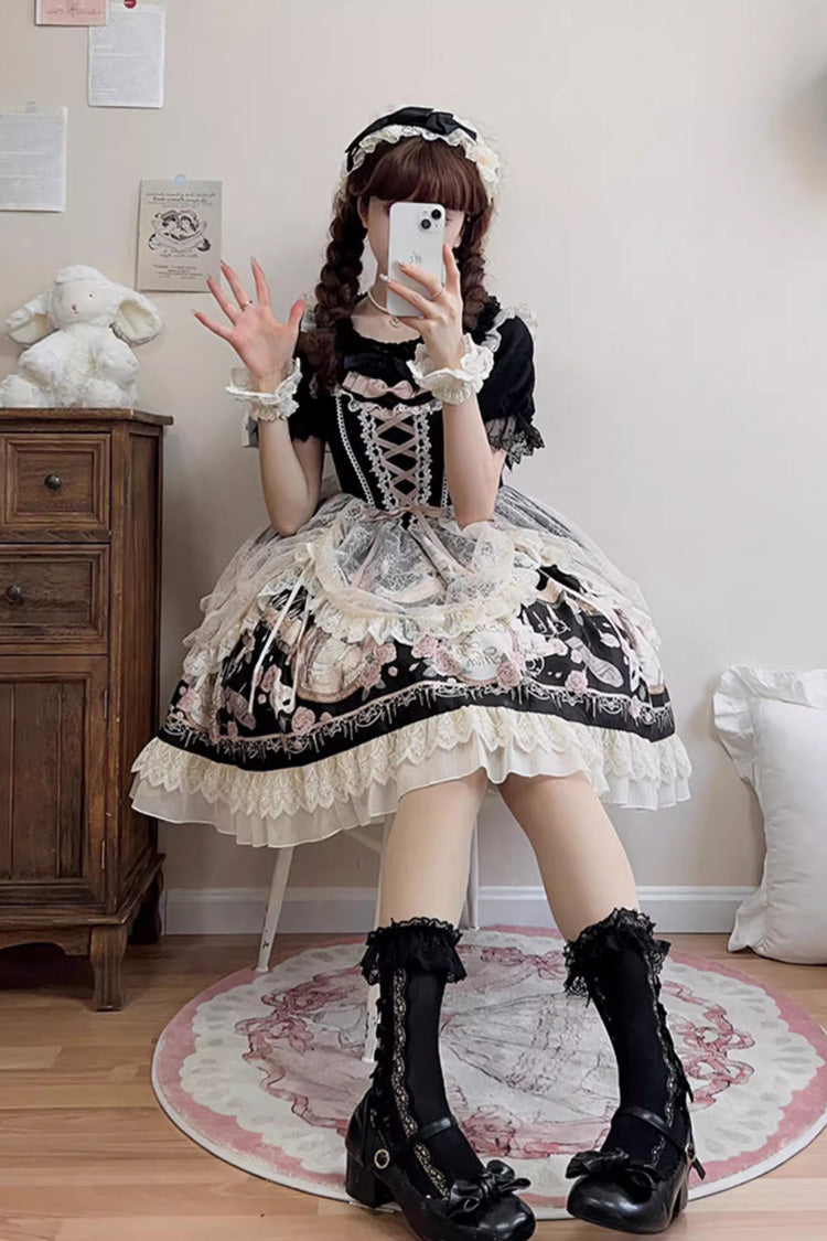 Black Sleeveless Rose Prologue Print Ruffle Bowknot Sweet Elegant Princess Lolita Jsk Dress