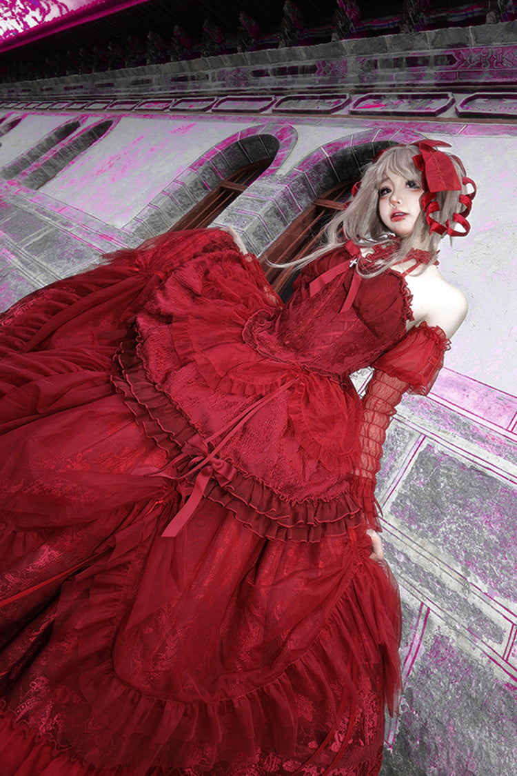 Wine Red Cross Halterneck Ruffle Bowknot Lace Lace-Up Princess Gothic Lolita Dress