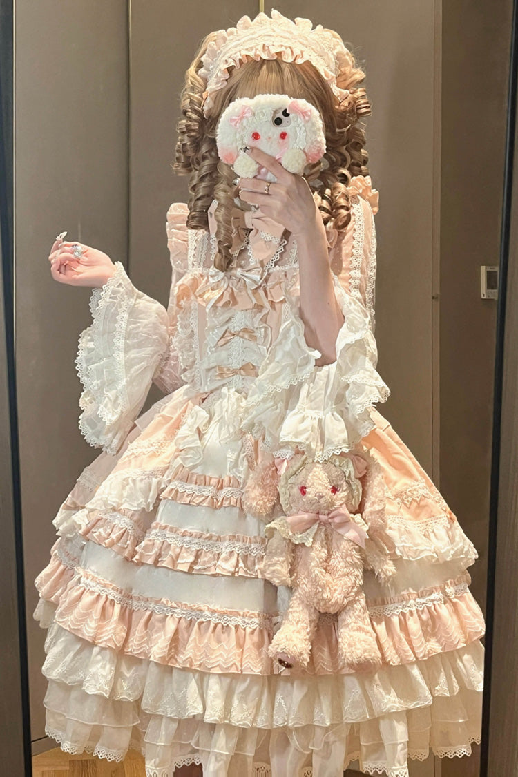 Pink Long Sleeves Multi-Layered Ruffle Bowknot Lace Sweet Lolita Dress