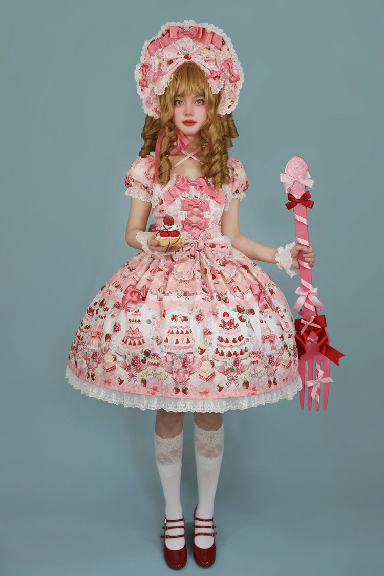 Strawberry Cake Bouquet Print Square Collar Short Sleeves Bowknot Lace Sweet Lolita Dress 3 Colors