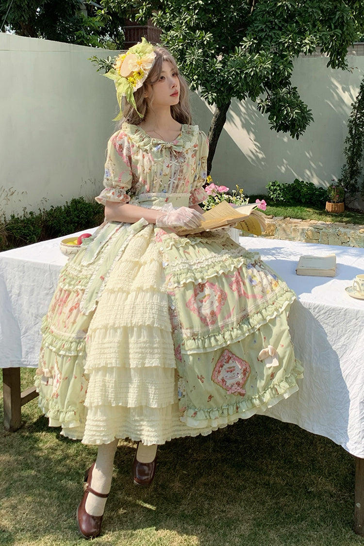 Green Cat Rose Tea Short Sleeves Print Ruffle Cardigan Bowknot Sweet Gorgeous Lolita Dress