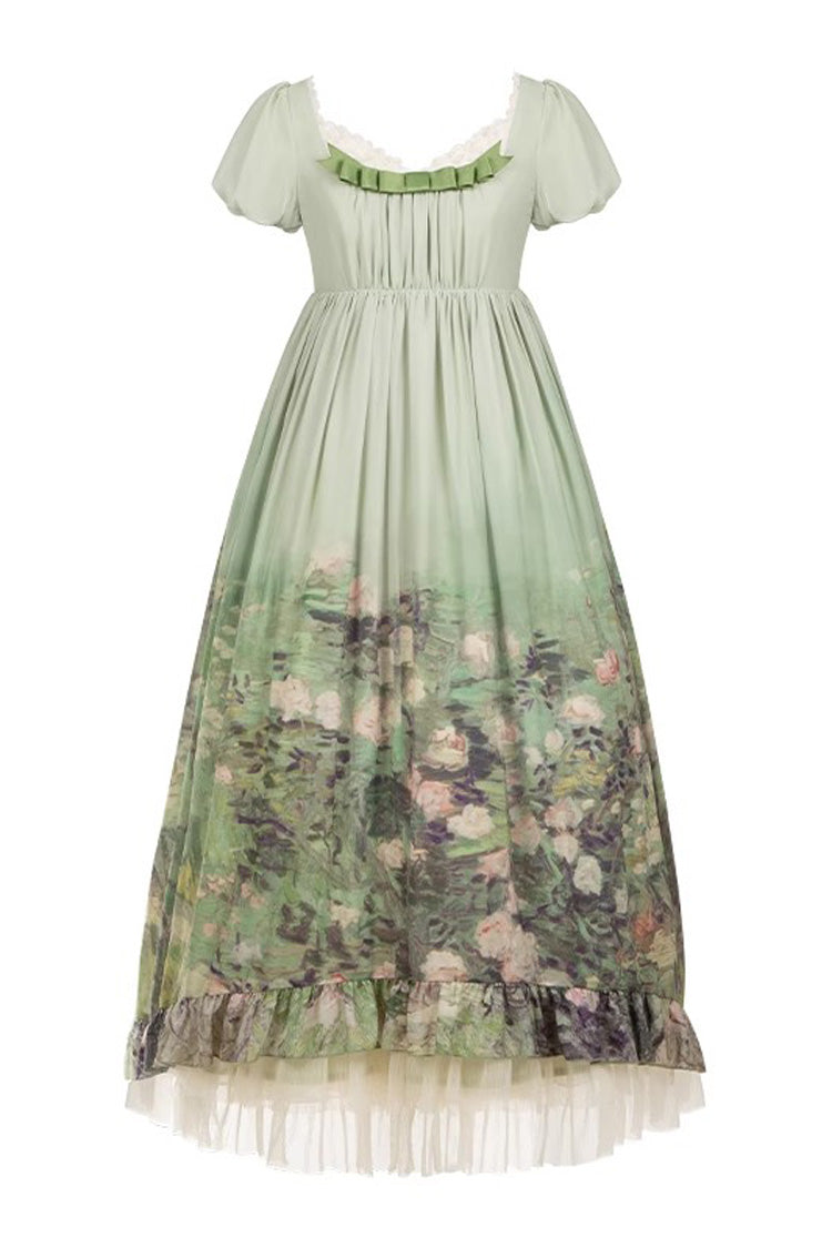 Green Blooming Roses Print Oil Painting Chiffon Short Sleeves Ruffle Bowknot Sweet Lolita Dress