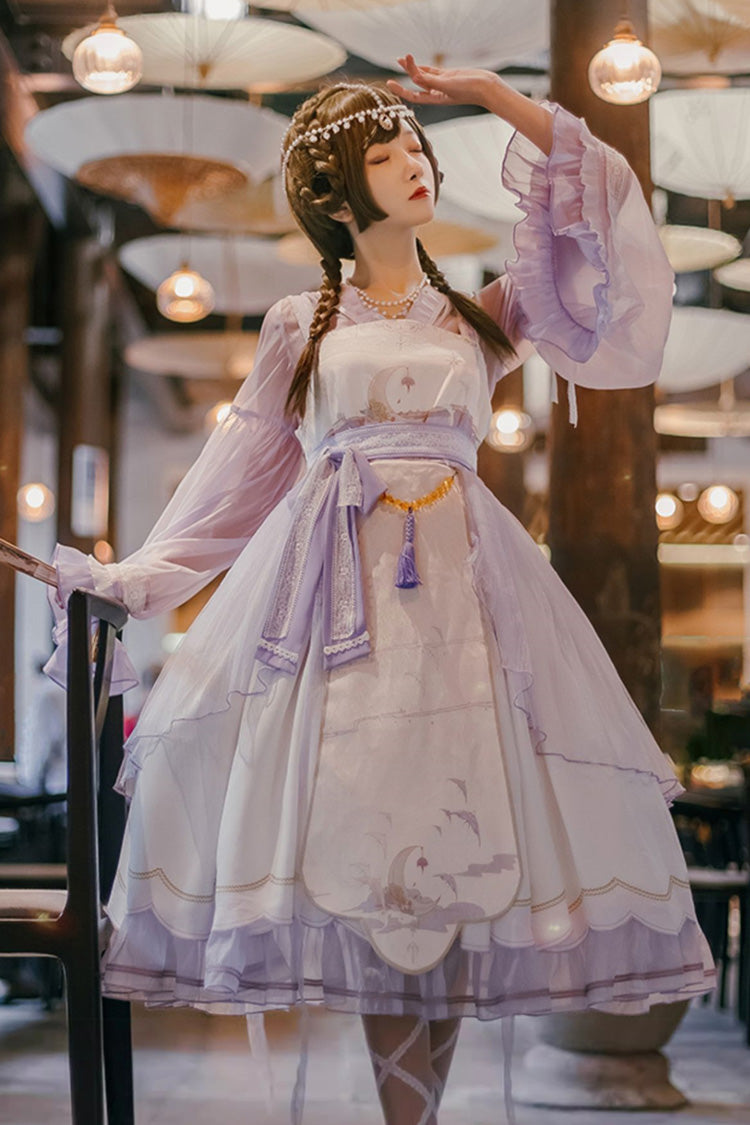Night and the Oriole Print Ruffle Bowknot Lace Sweet Chinese Style Lolita Jsk Dress 2 Colors