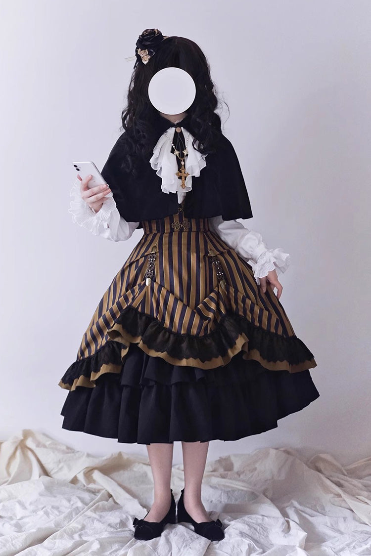 Point Manor Multi-layer Striped Print Ruffle Vintage Elegant Gothic Lolita Skirt 4 Colors