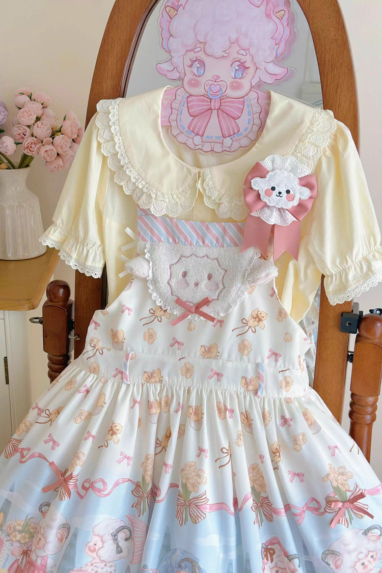 Blue/Pink Sheep Waltz Print Ruffle Bowknot Lace Sweet Lolita Strap Dress