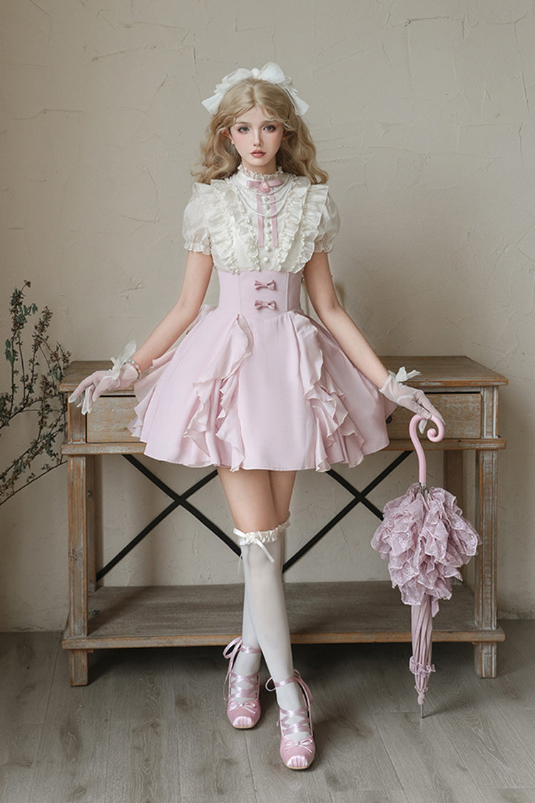 Pink/Apricot Miss Lola Stand Collar Short Sleeves Ruffle Bowknot Sweet Lolita Dress