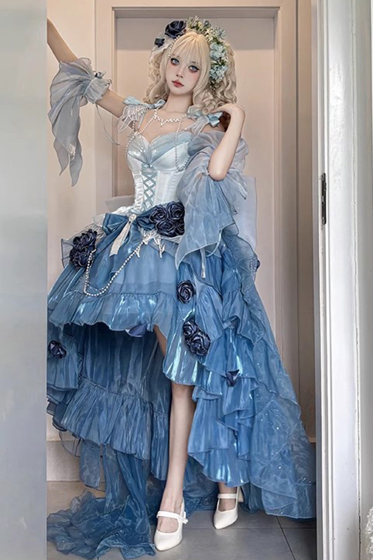 Sky Blue Swan Wonderland Embroidery Bowknot Lace-Up Short Front Long Back Irregular Sweet Ballet Lolita Jsk Dress