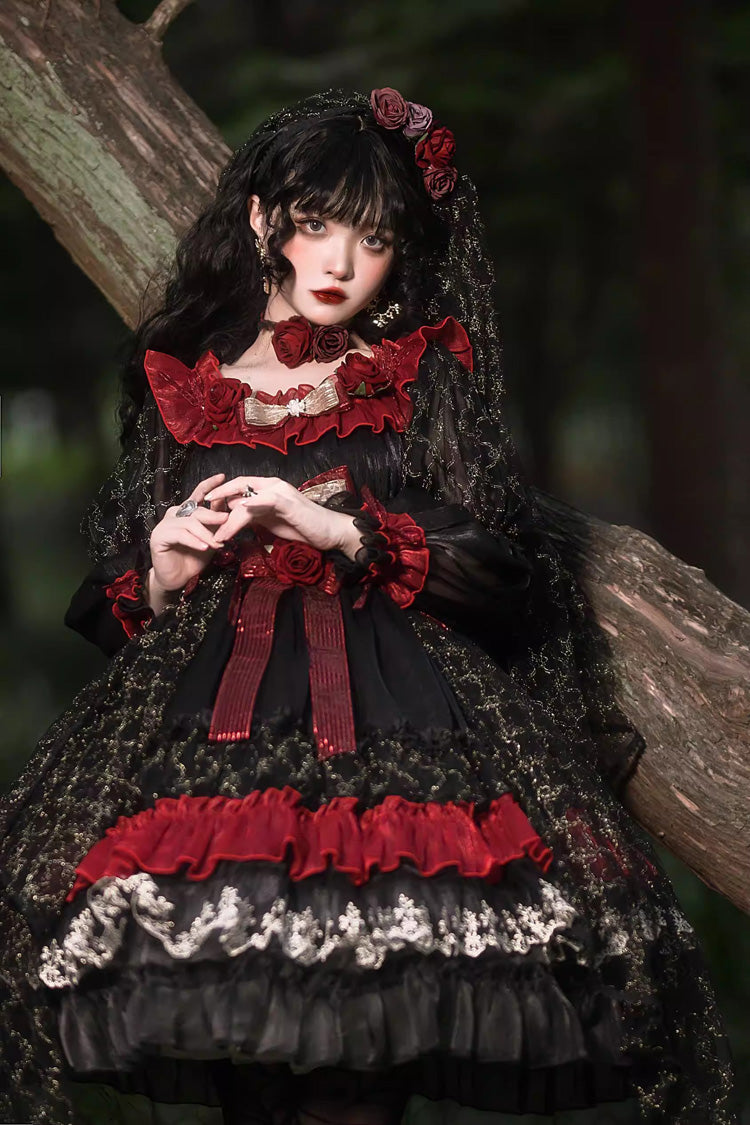 Black/Red Perlia's Night Long Puff Sleeves Ruffled Open-Front Bow Lace Gothic Lolita Dress