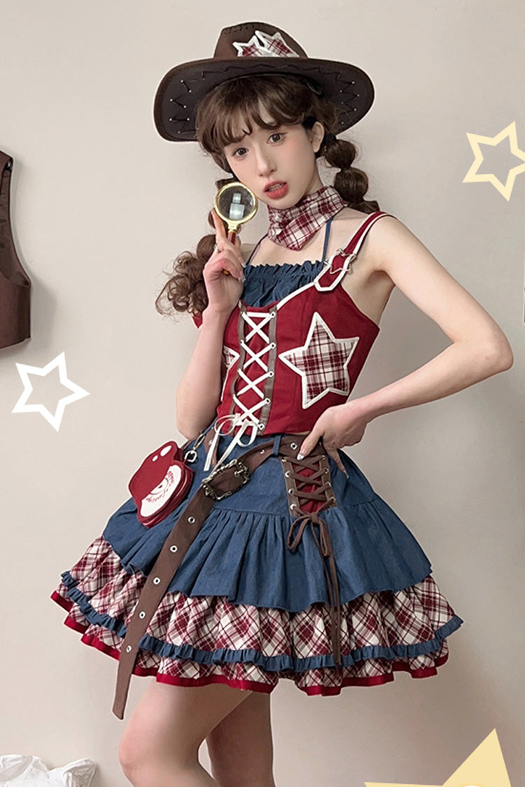 Red/Blue Apple Trap Triple-Layered Print Ruffle Lace-Up Sweet Lolita Jsk Dress Two-piece Set