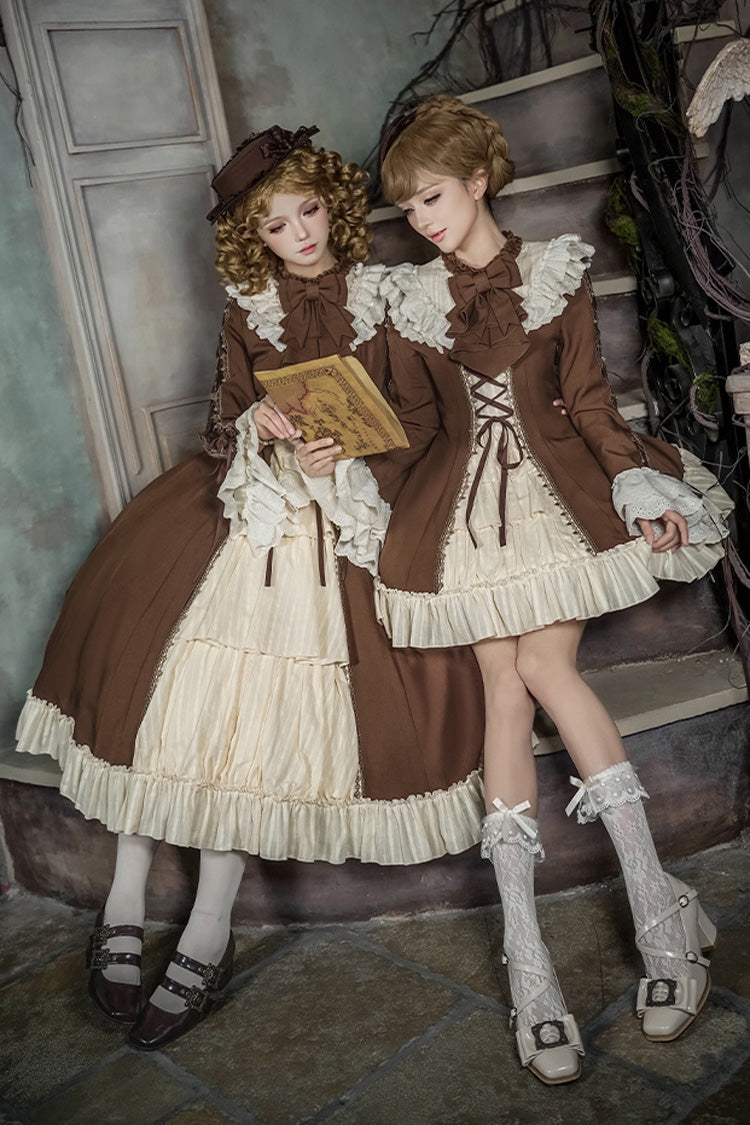 Brown/Beige Nutcracker Stand Collar Long Trumpet Sleeves Ruffle Cardigan Bowknot Lace-Up Sweet Lolita Dress Set 2 Versions