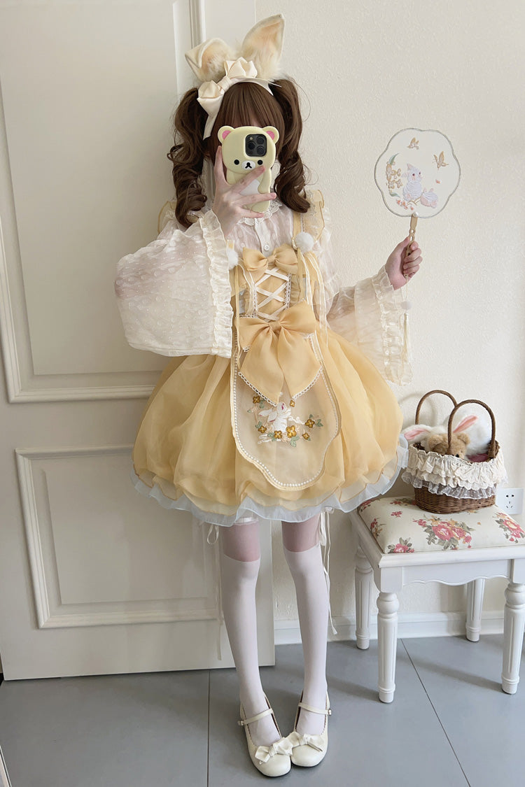 Yellow Moon Rabbit Shadow Embroidery Ruffle Bowknot Lace Sweet Lolita Jsk Dress