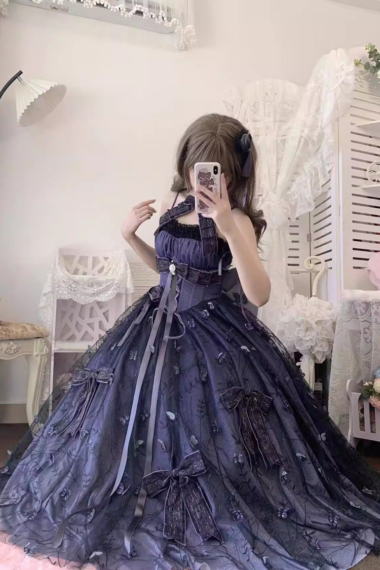 Purple Starry Night Solo Sleeveless Jacquard Bow Lace-Up Sweet Princess Lolita Jsk Dress