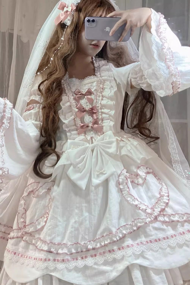 White Pure Love Story Hanayome Bowknot Stitching Ji Sleeves Sweet Lolita Dress