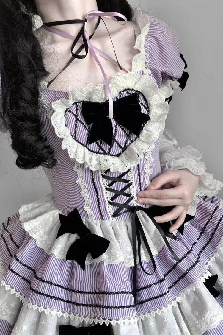 Triple-Layered Short Sleeves Vertical Stripes Print Ruffle Bowknot Lace-Up Sweet Lolita Jsk Dress 2 Colors