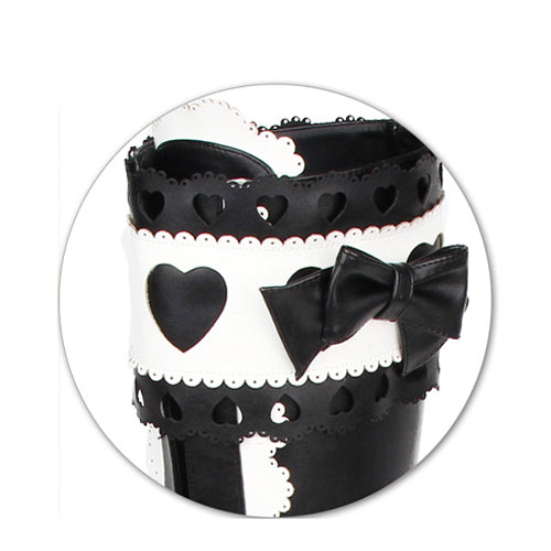 Black White Lace Bowknot Heart Shaped Round Toe Sweet Lolita High Boots