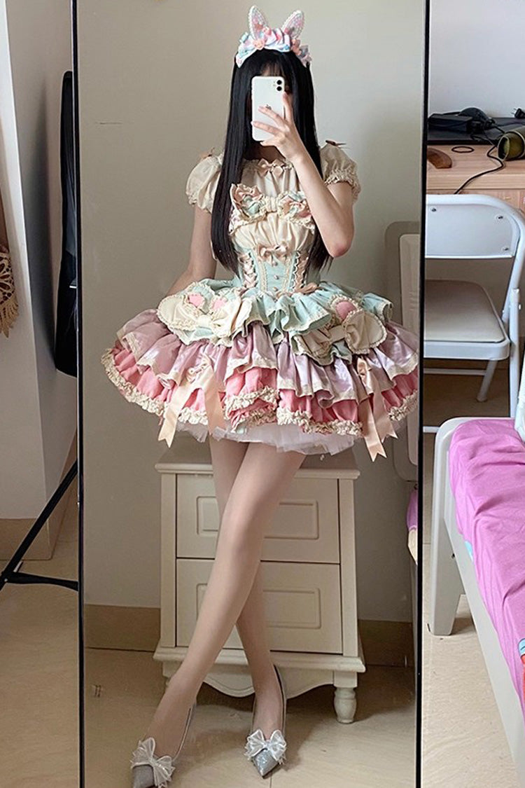 Ribbon Dance Multi-Layered Ruffle Bowknot Lace-Up Sweet Princess Lolita Dress 3 Colors